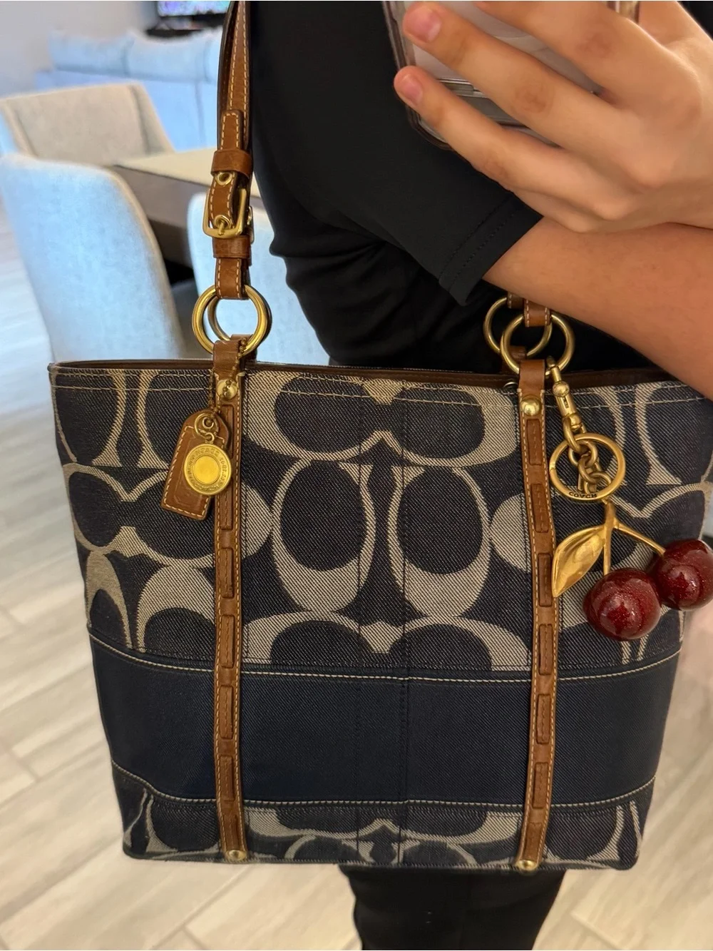 Coach Blue Signature Denim Tote with Brown Leather Trim